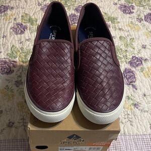 Sperry Women's Woven Slip-On Loafers - Deep Burgundy.  Memory foam Seaside Weave